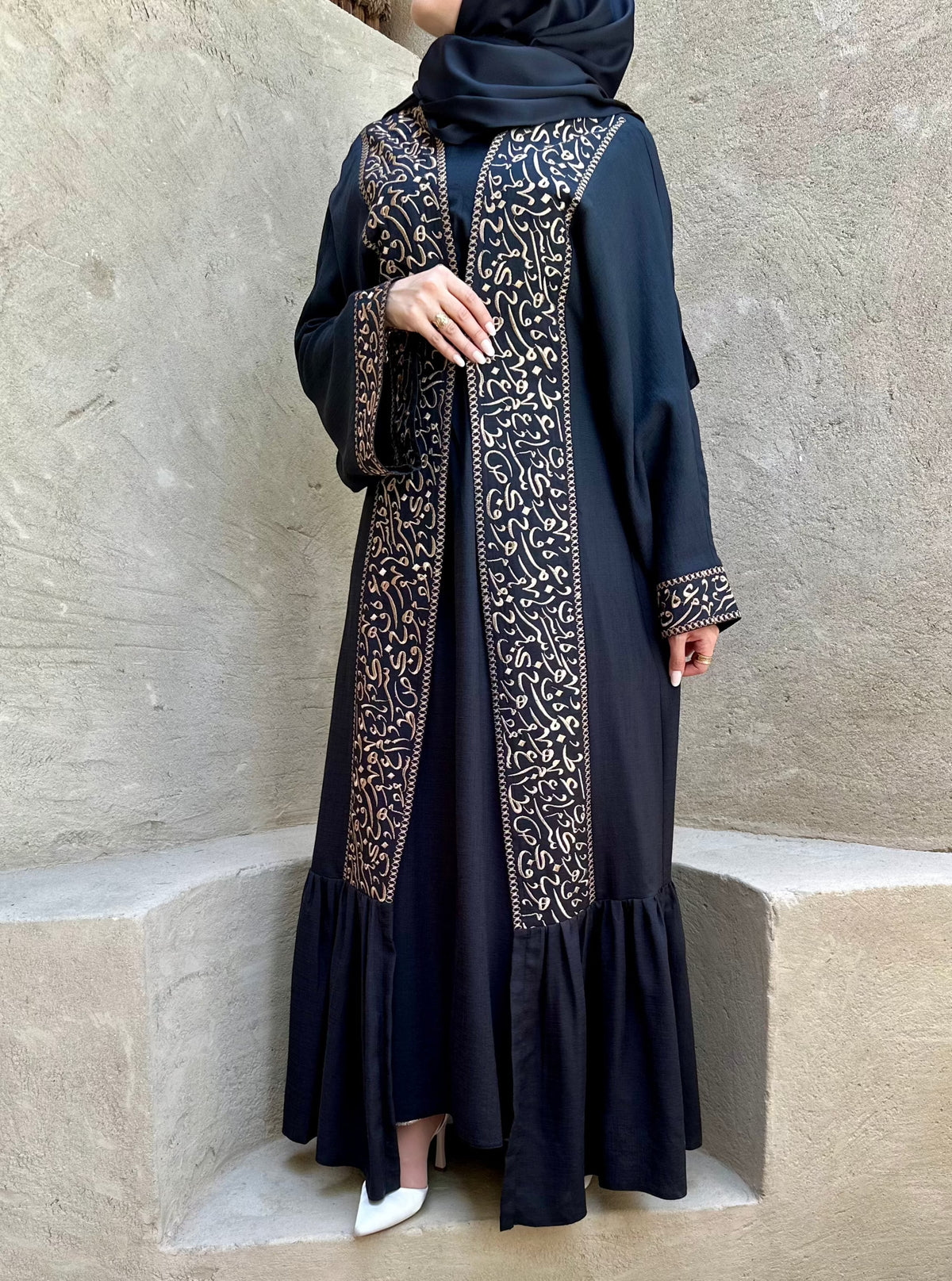 Arabic letter black abaya with inner dress