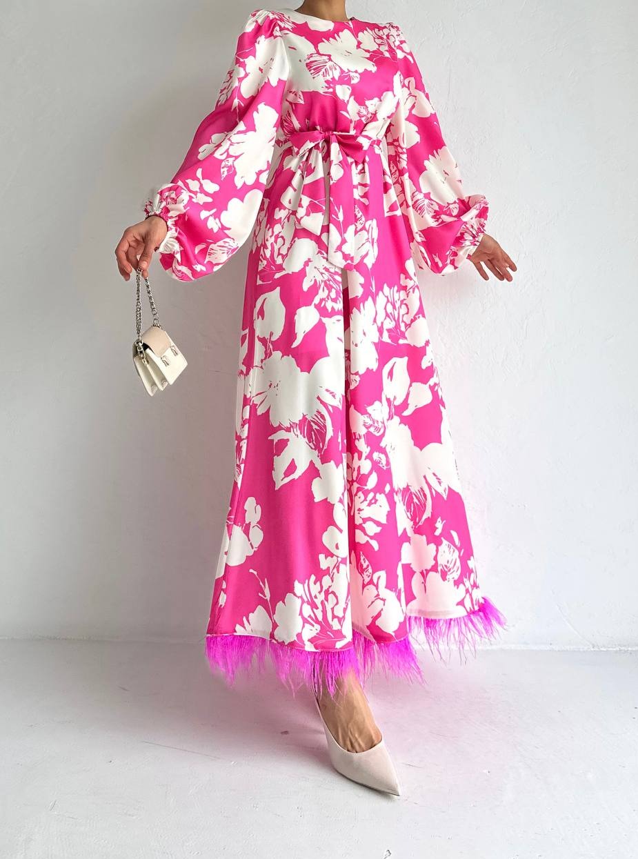 Elegant Satin printed dress - Long sleeve