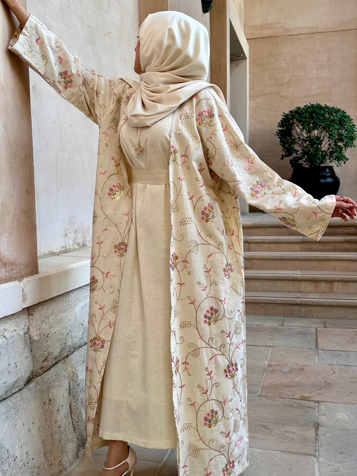 Gold floral abaya with inner dress