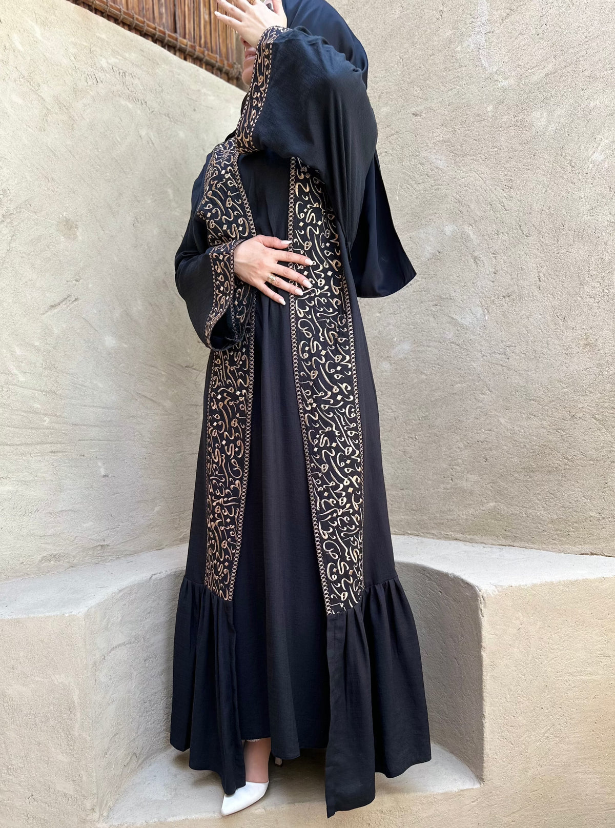 Arabic letter black abaya with inner dress