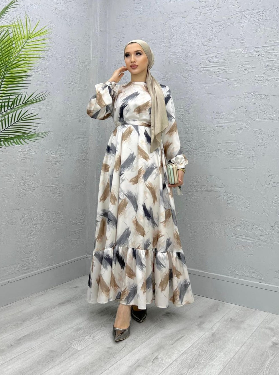 Elegant Satin printed dress - Long sleeve