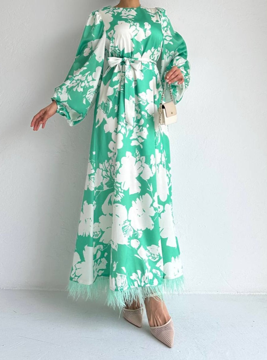 Elegant Satin printed dress - Long sleeve