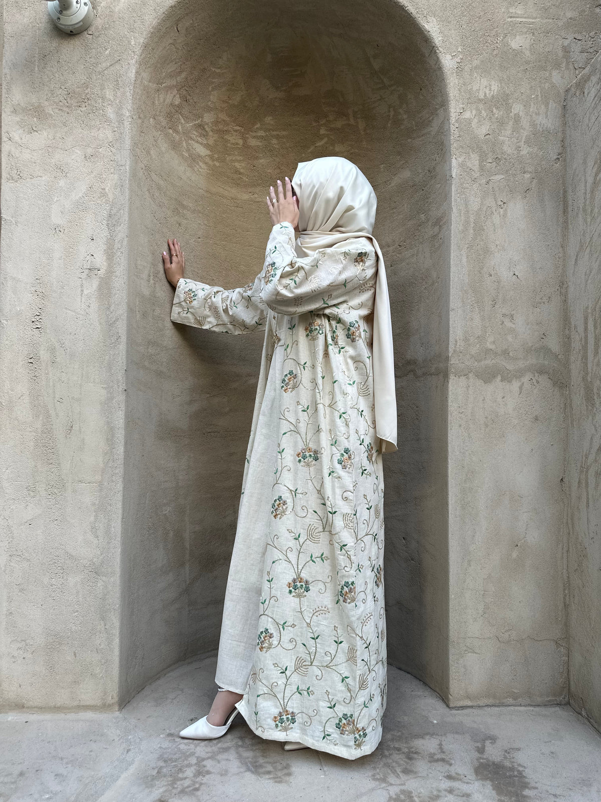 Gold floral abaya with inner dress