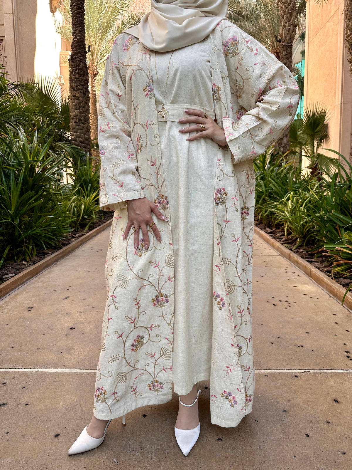 Gold floral abaya with inner dress