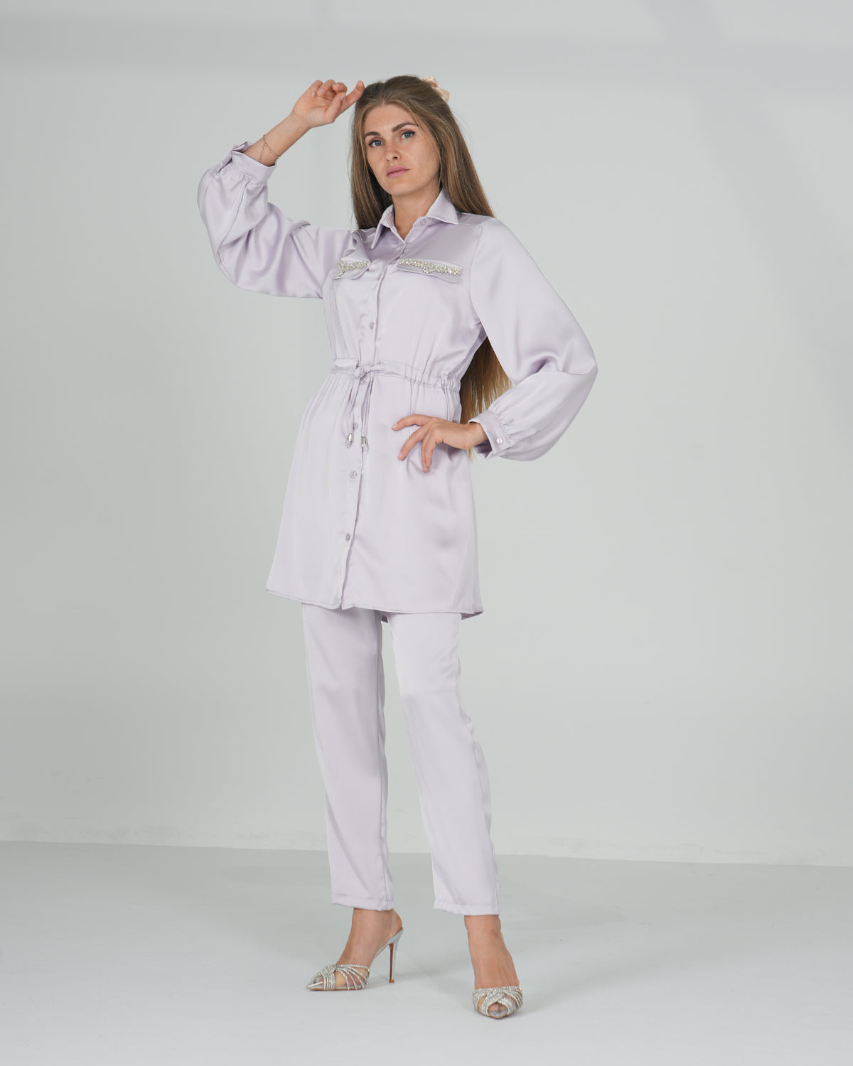 Satin co-ord set with pant and belt