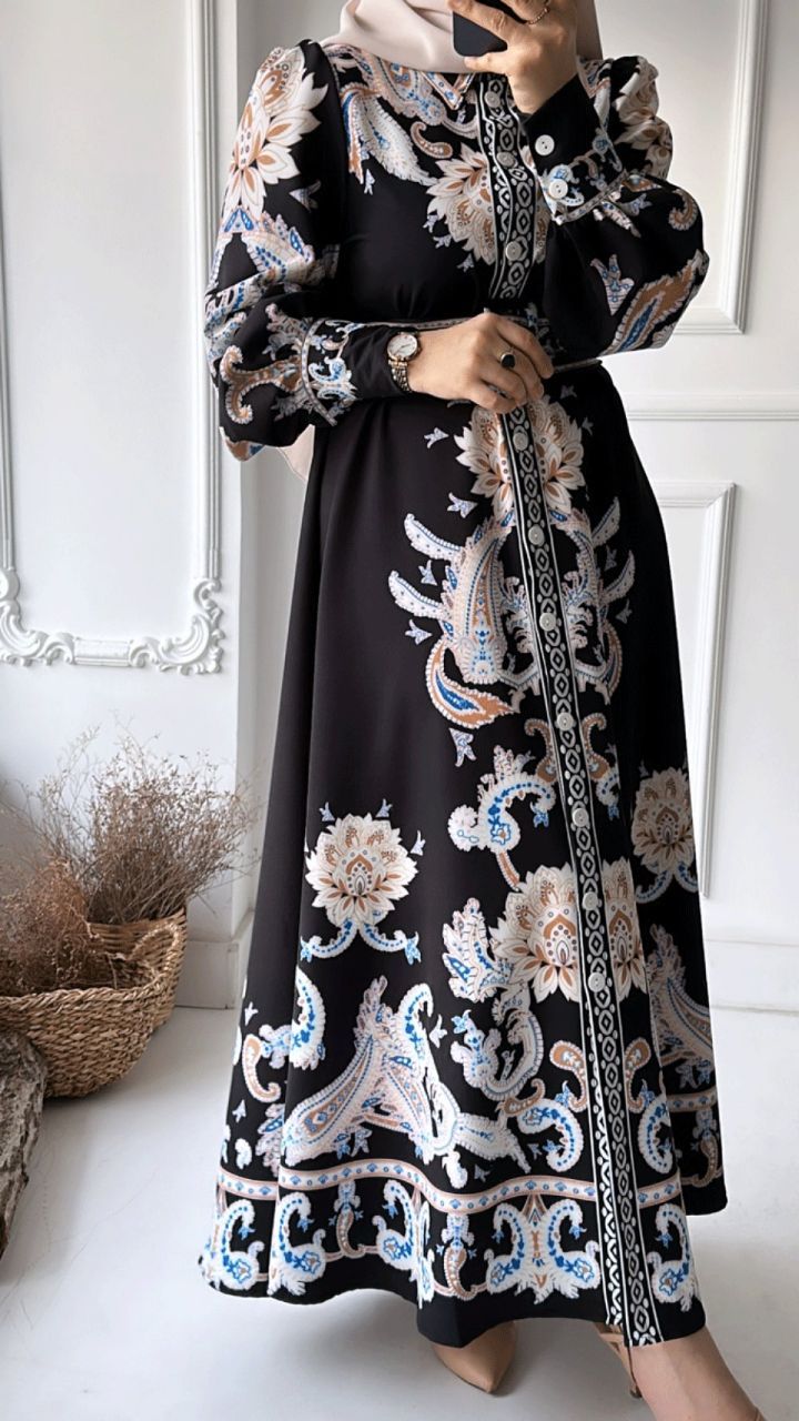 Women maxi printed dress with long sleeve