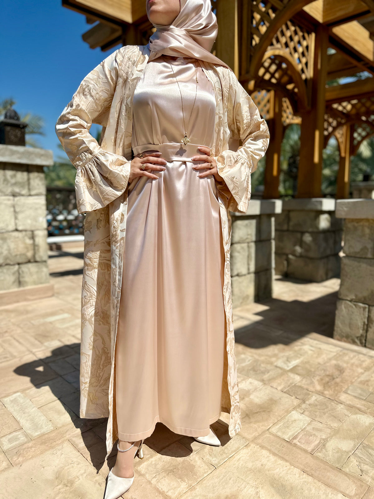 Rose gold abaya with inner dress