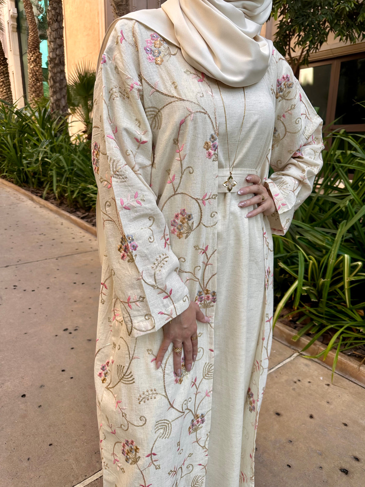 Gold floral abaya with inner dress