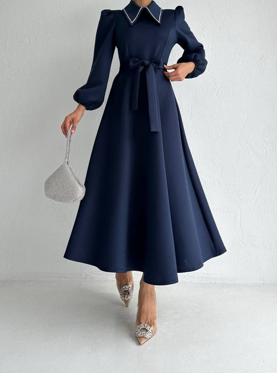 Navy blue embellished - Women maxi dress with long sleeve scuba