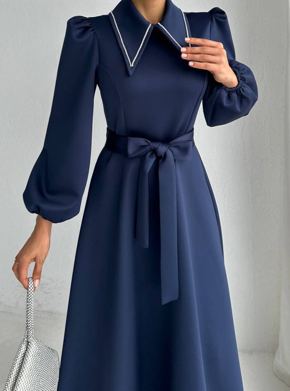 Navy blue embellished - Women maxi dress with long sleeve scuba