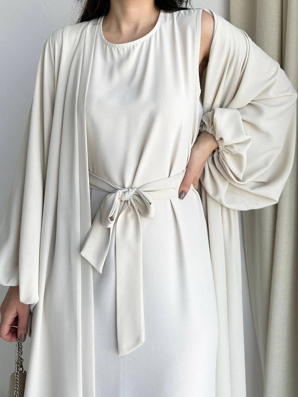 Off-white abaya with inner dress