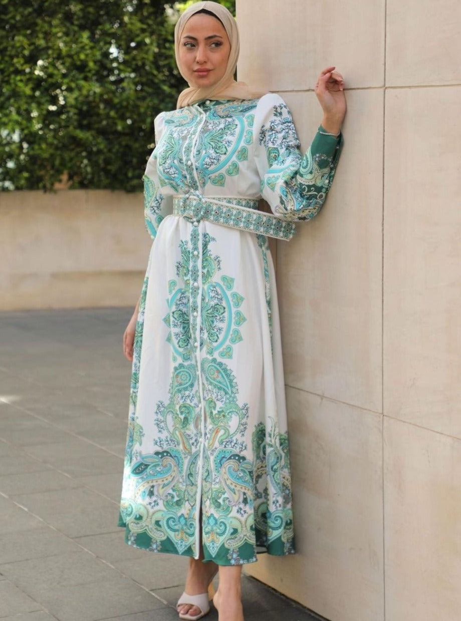 Women maxi printed dress with long sleeve