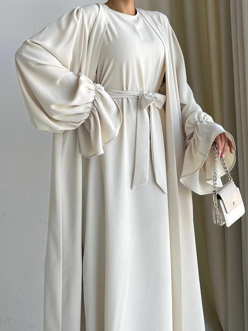 Off-white abaya with inner dress