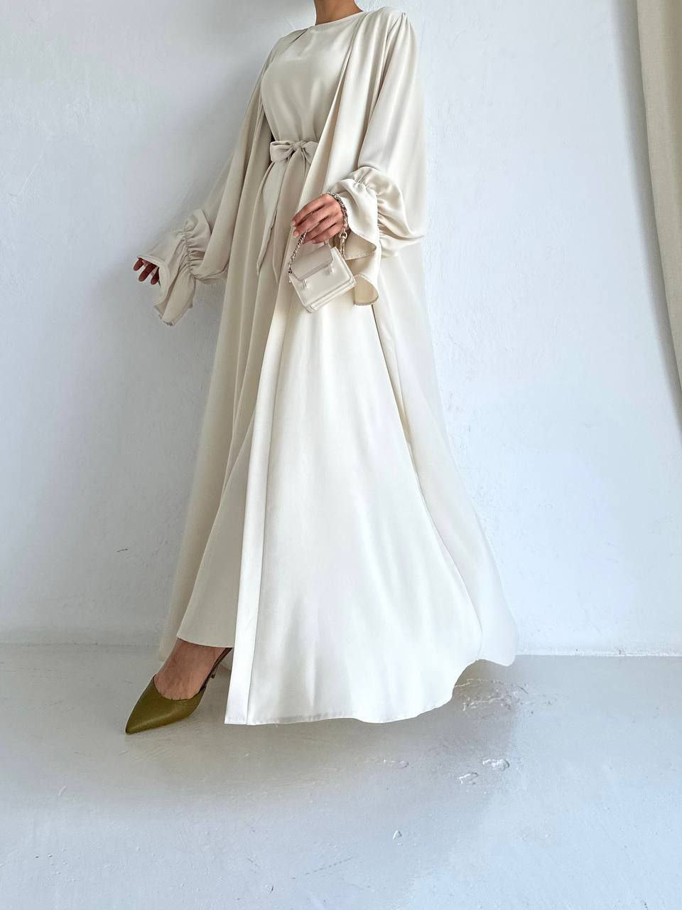 Off-white abaya with inner dress