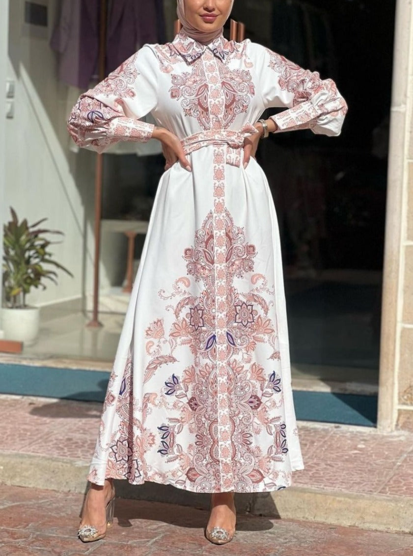 Women maxi printed dress with long sleeve