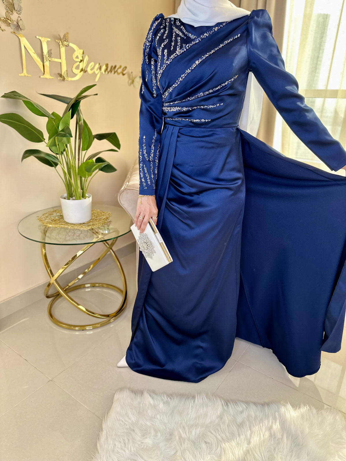 Women's Evening Maxi Dress long sleeve - Navy Blue