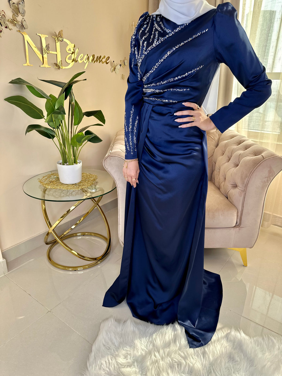 Women's Evening Maxi Dress long sleeve - Navy Blue