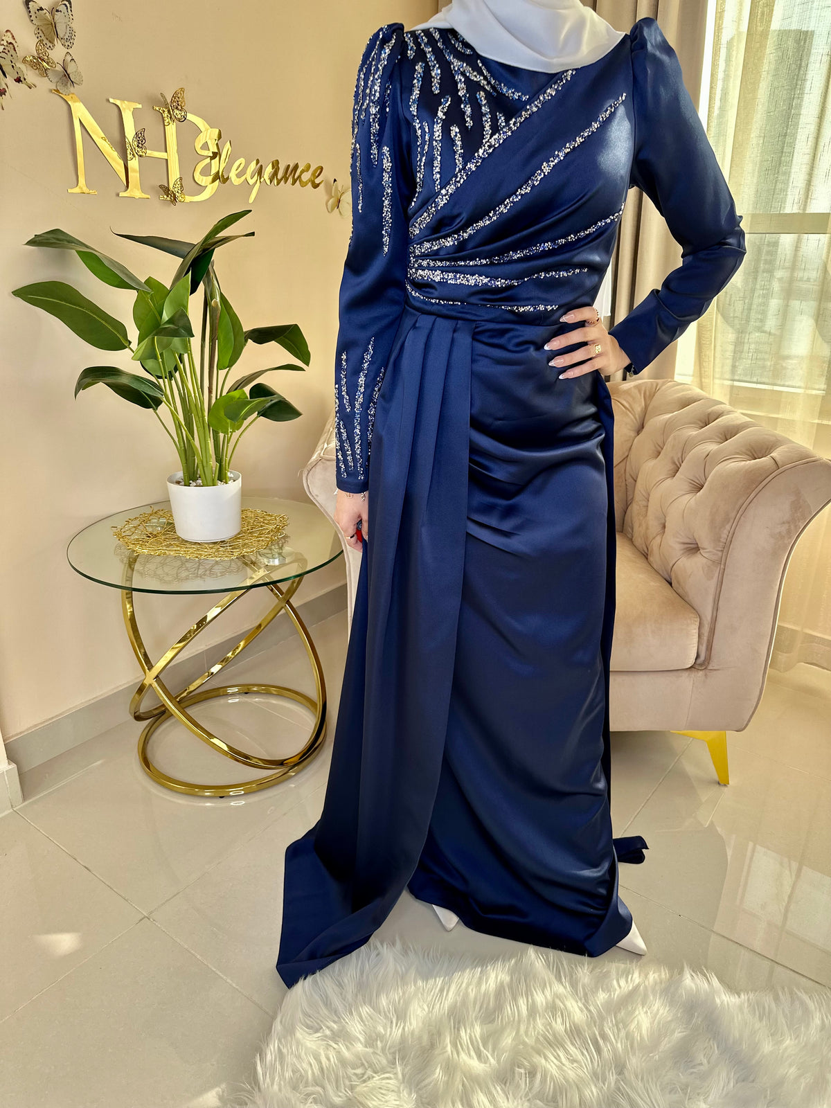 Women's Evening Maxi Dress long sleeve - Navy Blue