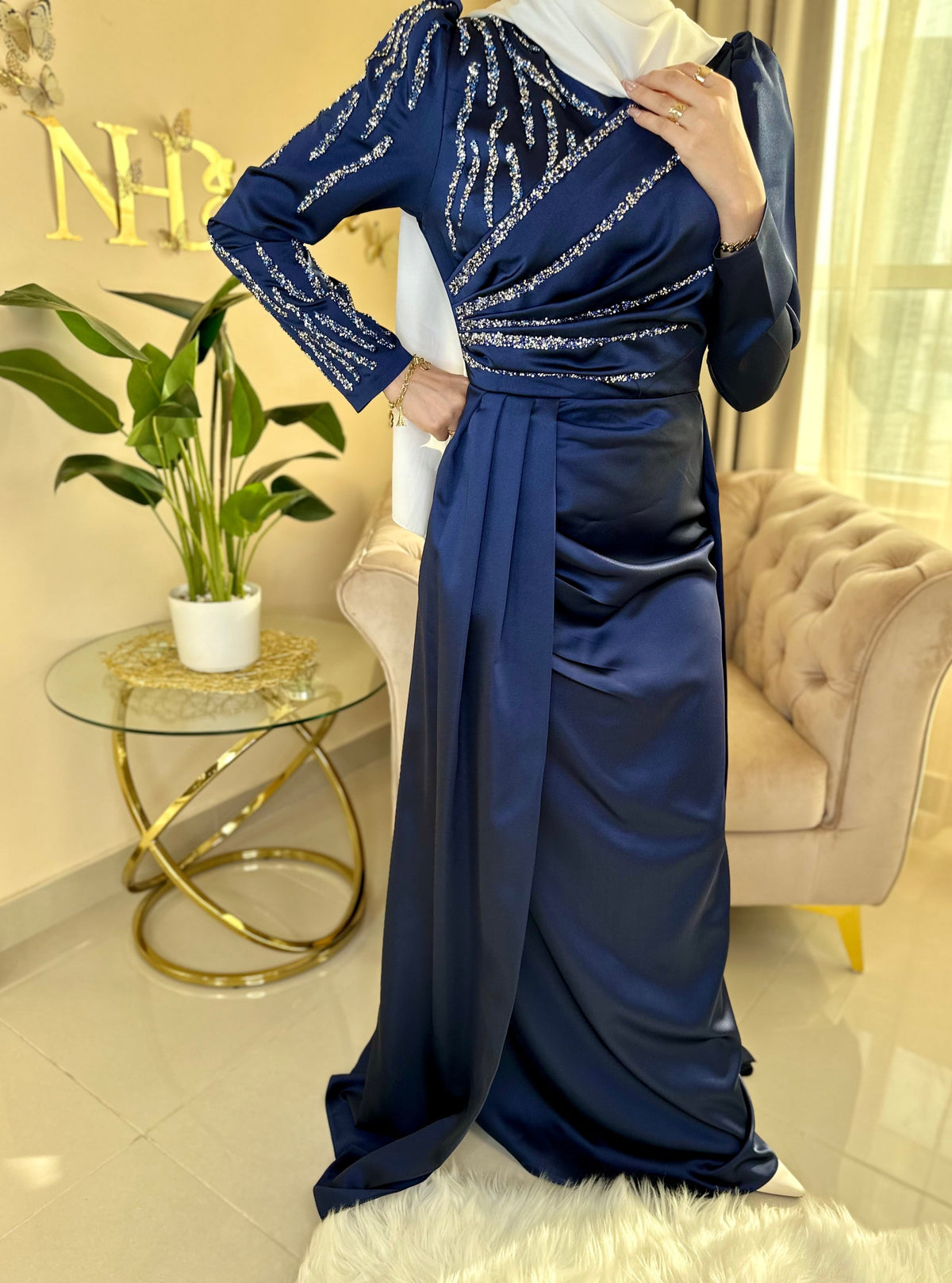 Women's Evening Maxi Dress long sleeve - Navy Blue