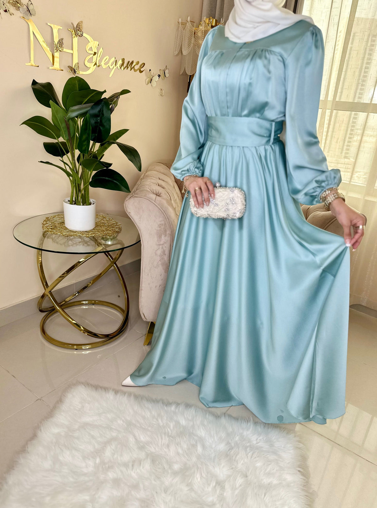 Baby blue maxi satin dress with long sleeve