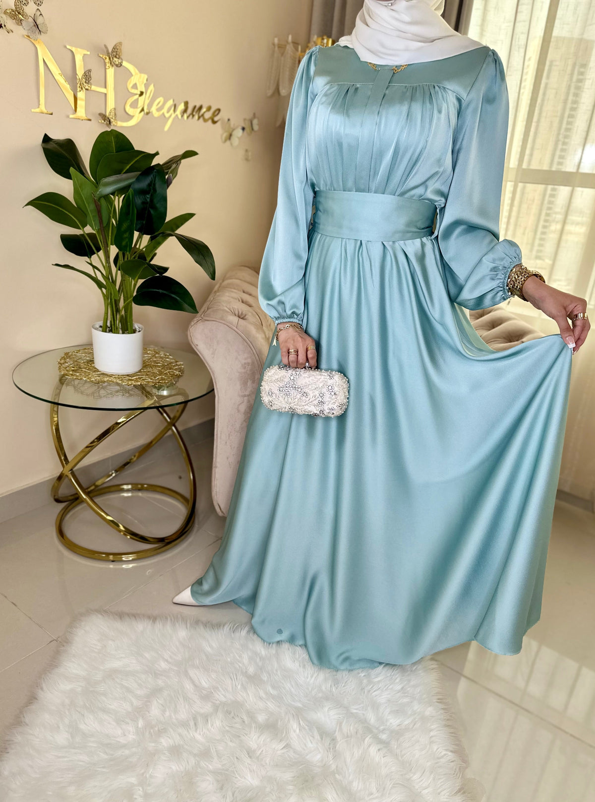 Baby blue maxi satin dress with long sleeve