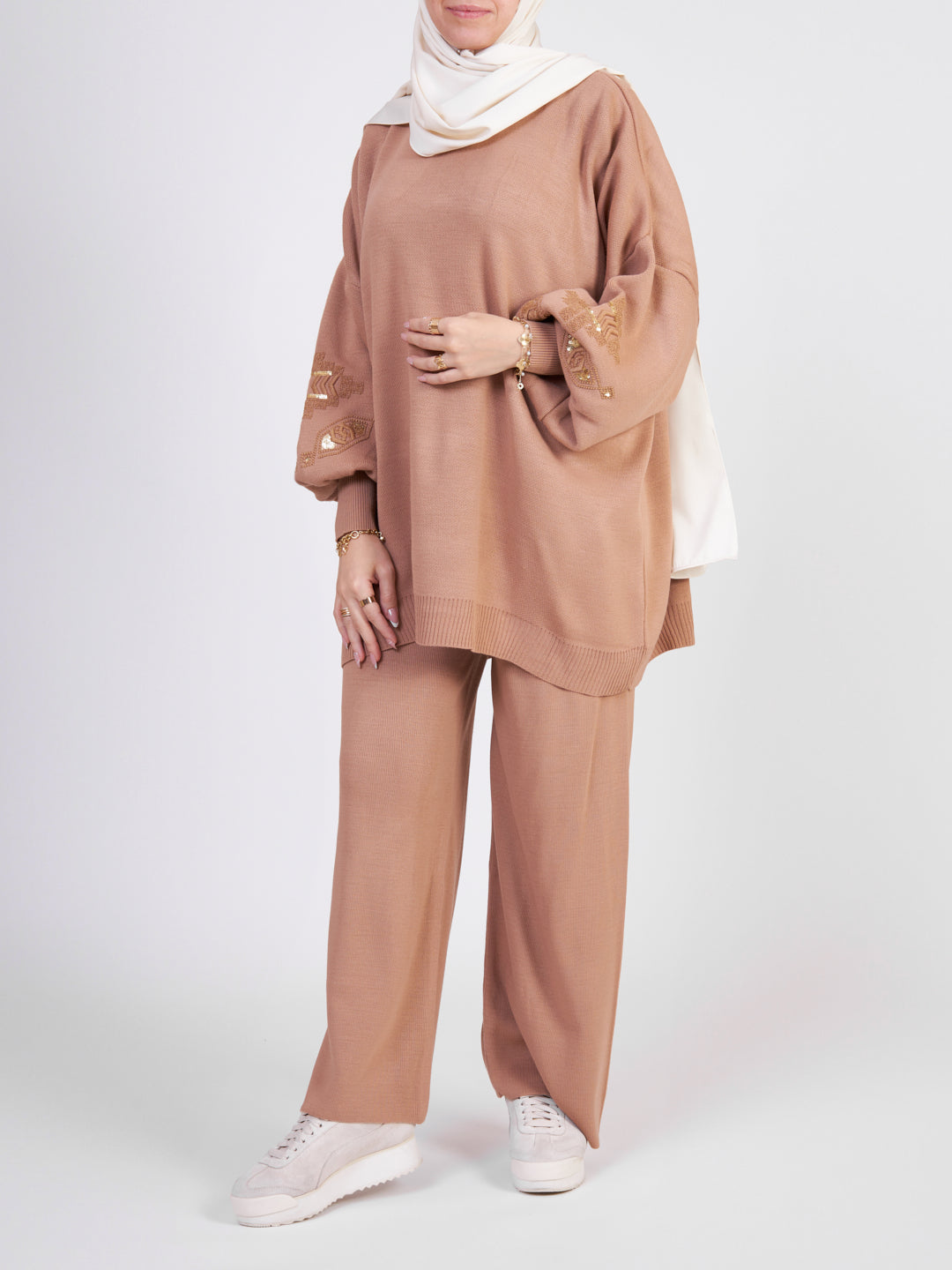 Embellished Tricot co-ord set - Caramel