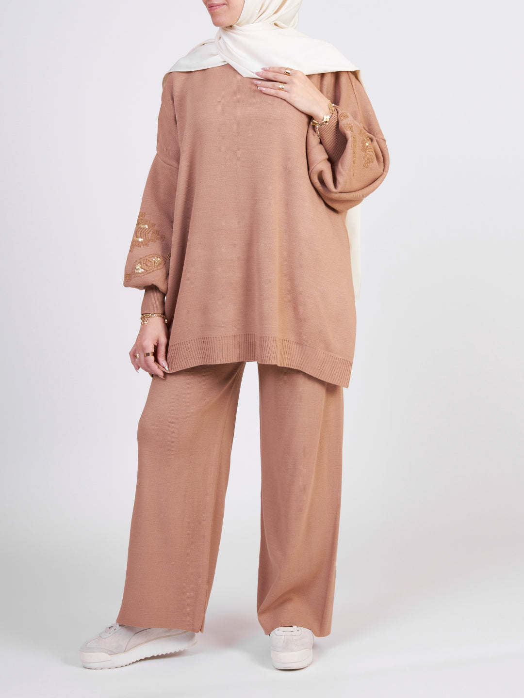 Embellished Tricot co-ord set - Caramel