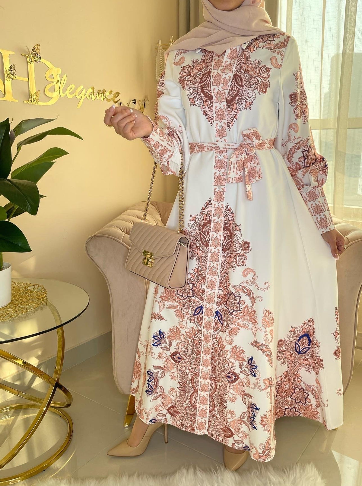 Women maxi printed dress with long sleeve