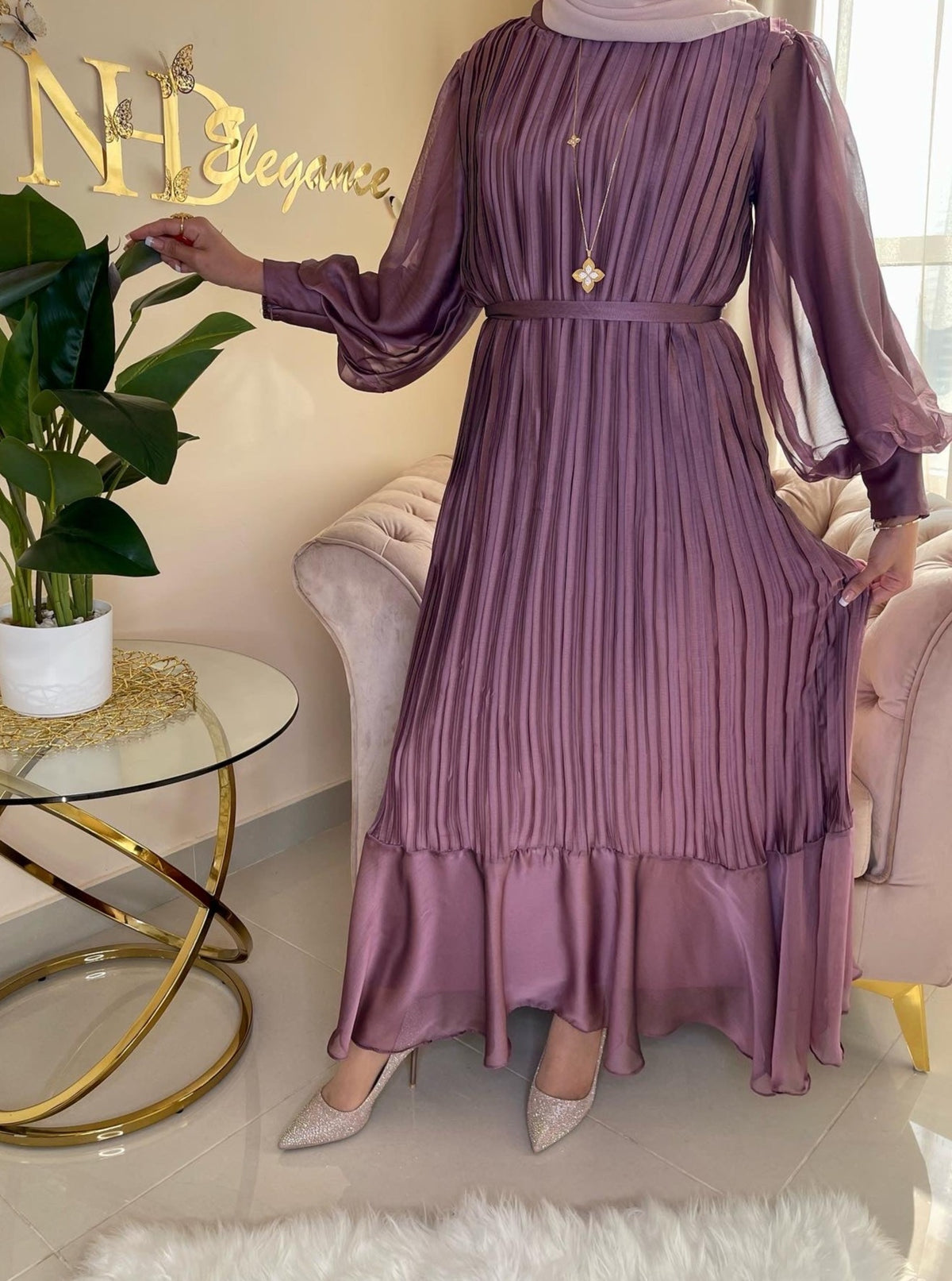 Women maxi purple dress with long sleeve