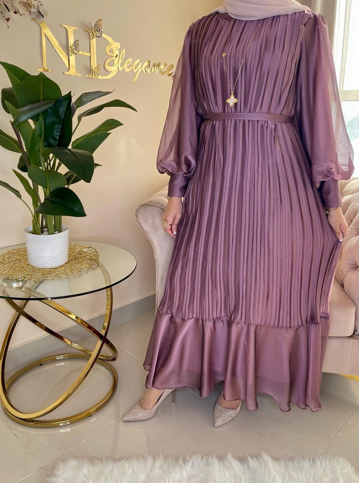 Women maxi purple dress with long sleeve