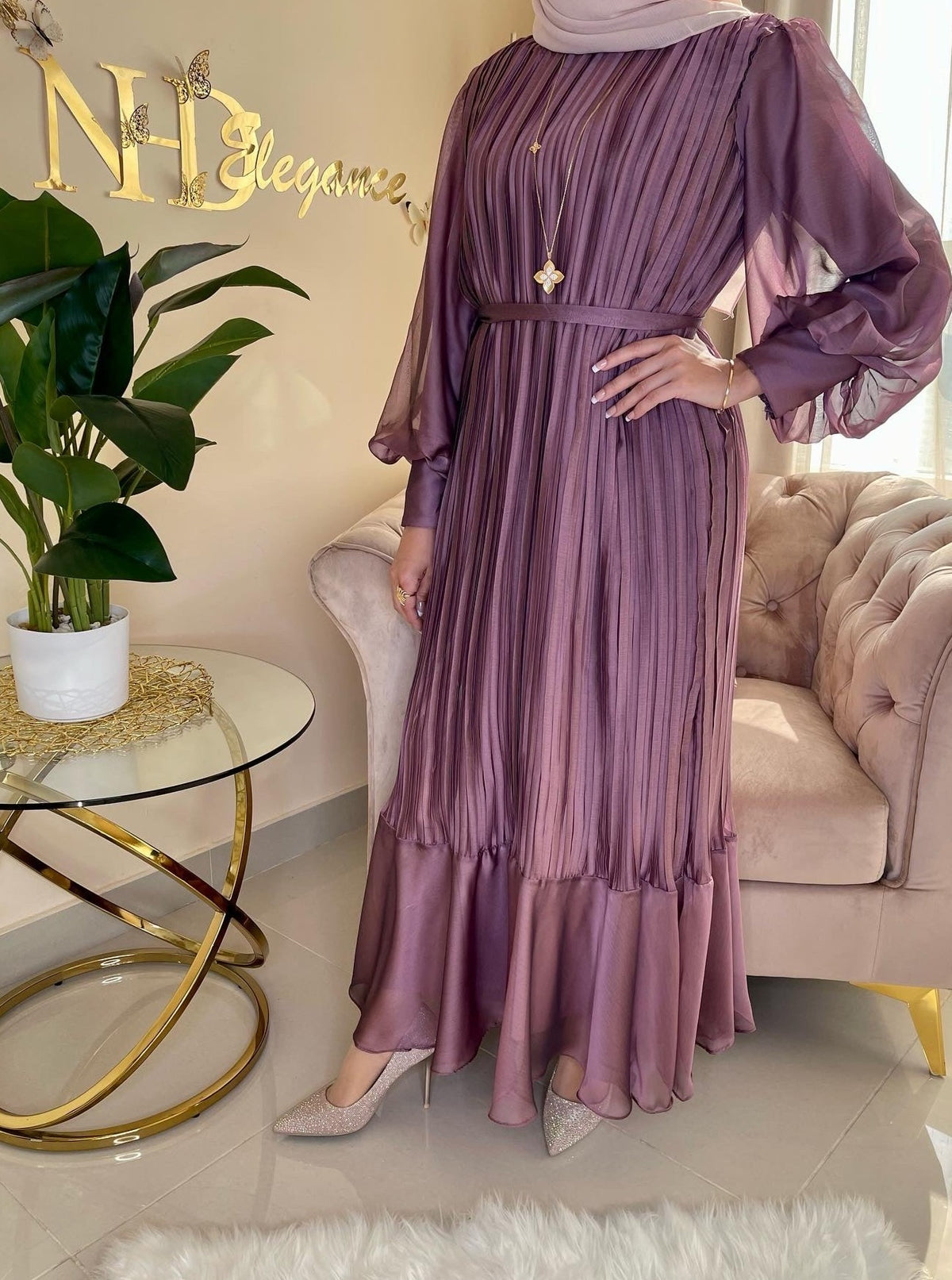 Women maxi purple dress with long sleeve