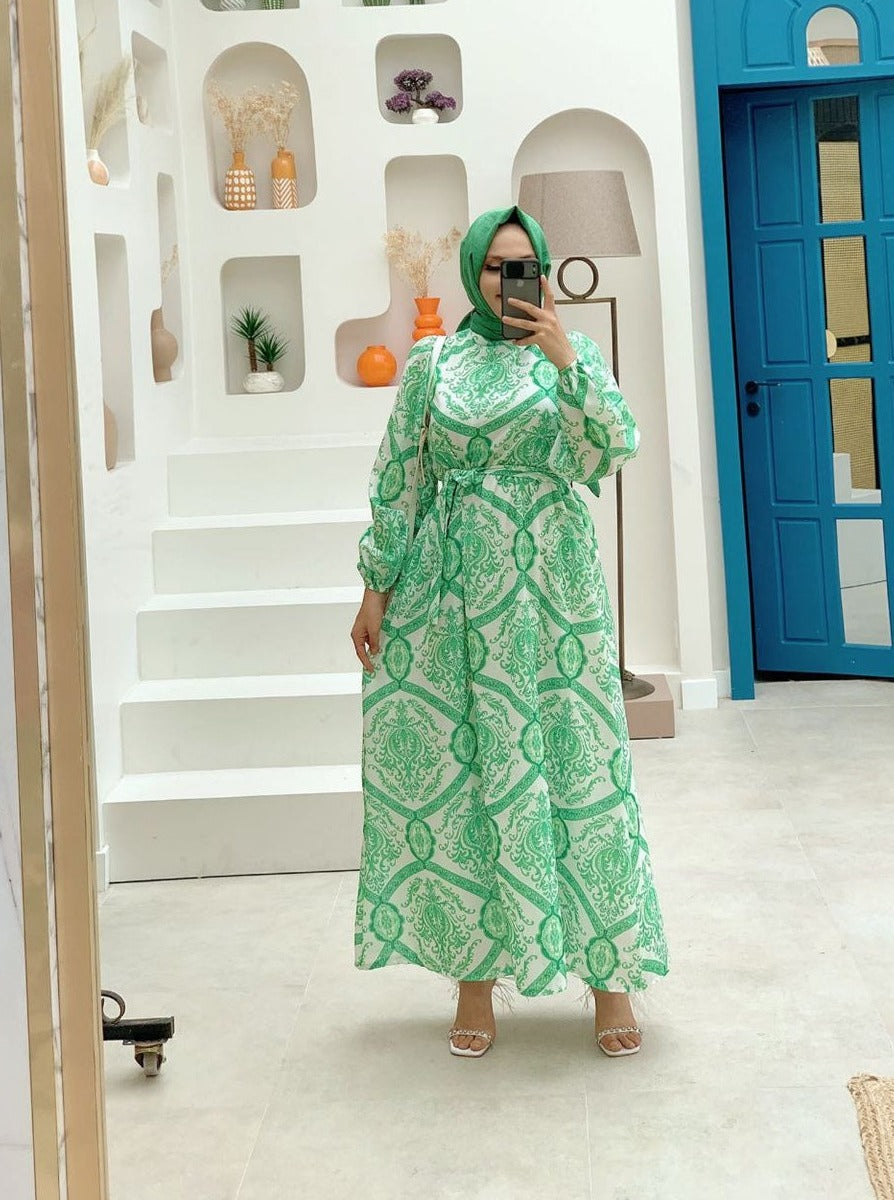 Women green baroque print dress